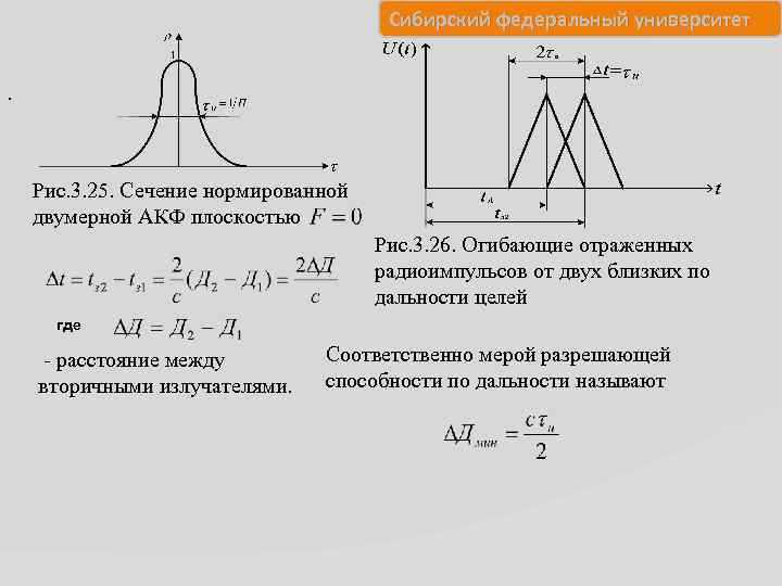 Сибирский федеральный университет. Рис. 3. 25. Сечение нормированной двумерной АКФ плоскостью Рис. 3. 26.