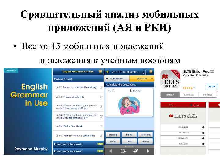 Сравнительный анализ мобильных приложений (АЯ и РКИ) • Всего: 45 мобильных приложений приложения к