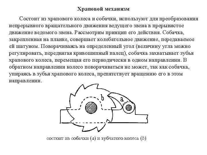 Храповой механизм Состоит из храпового колеса и собачки, используют для преобразования непрерывного вращательного движения