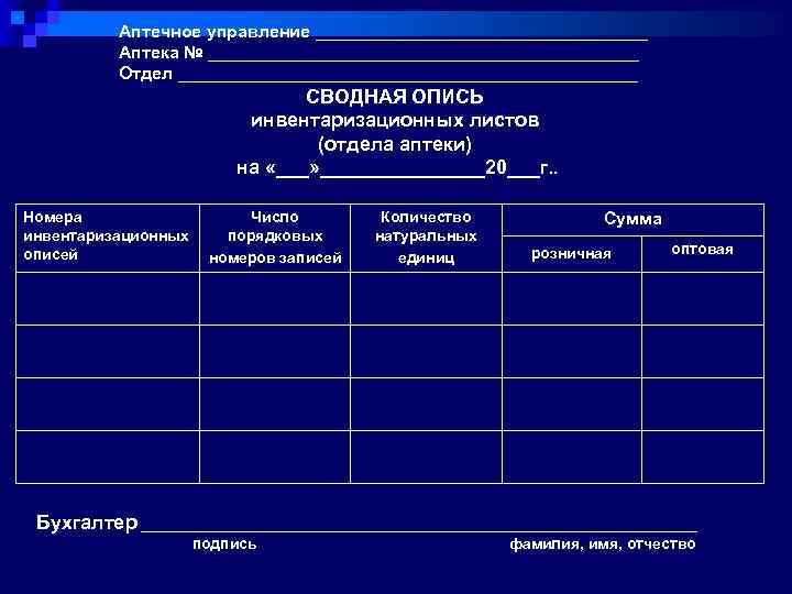 Сводная опись инвентаризационных листов аптеки образец