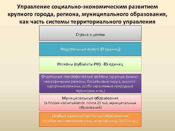 Управление социально-экономическим развитием крупного города, региона, муниципального образования, как часть системы территориального управления Страна