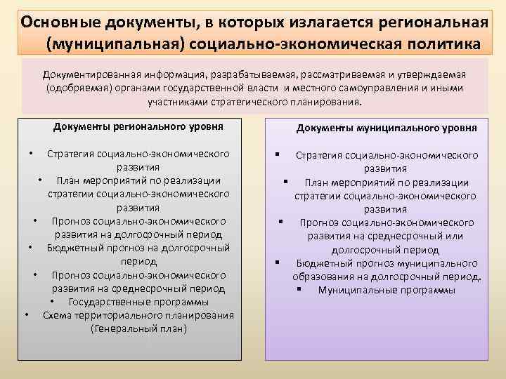 Основные документы, в которых излагается региональная (муниципальная) социально-экономическая политика Документированная информация, разрабатываемая, рассматриваемая и