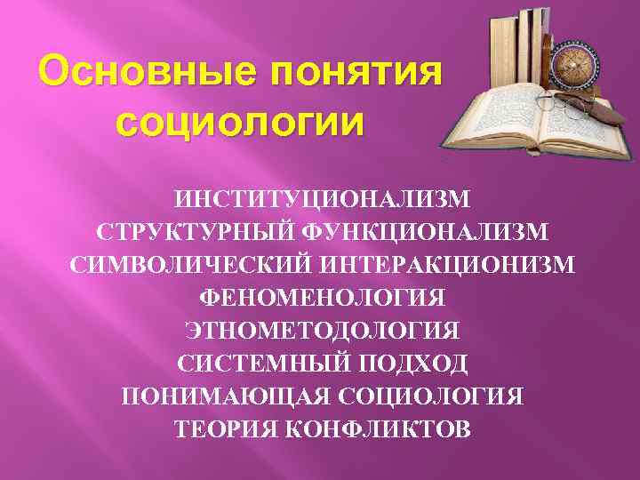 Основные понятия социологии ИНСТИТУЦИОНАЛИЗМ СТРУКТУРНЫЙ ФУНКЦИОНАЛИЗМ СИМВОЛИЧЕСКИЙ ИНТЕРАКЦИОНИЗМ ФЕНОМЕНОЛОГИЯ ЭТНОМЕТОДОЛОГИЯ СИСТЕМНЫЙ ПОДХОД ПОНИМАЮЩАЯ СОЦИОЛОГИЯ