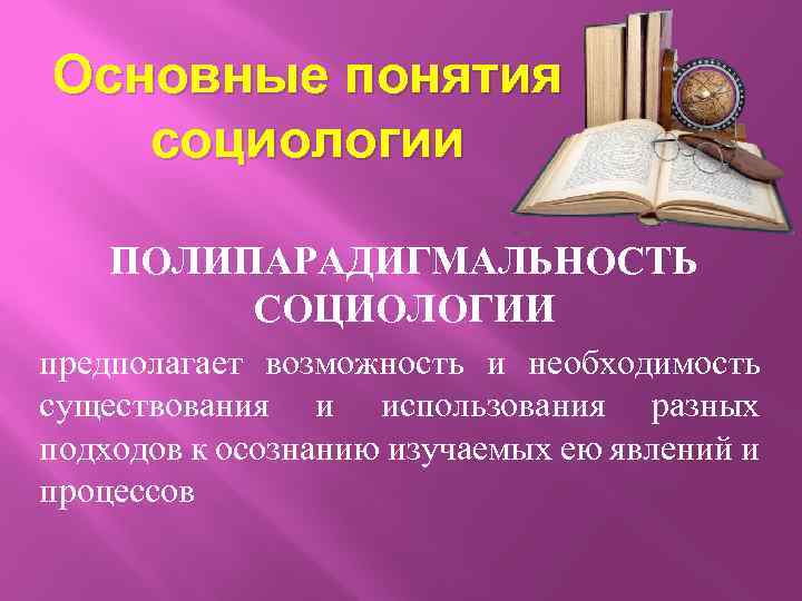 Основные понятия социологии ПОЛИПАРАДИГМАЛЬНОСТЬ СОЦИОЛОГИИ предполагает возможность и необходимость существования и использования разных подходов