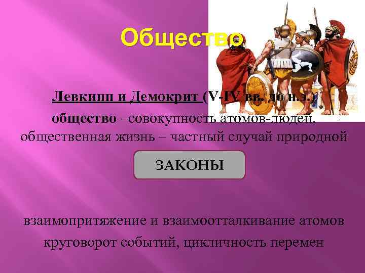 Общество Левкипп и Демокрит (V-IV вв. до н. э. ) общество –совокупность атомов-людей, общественная