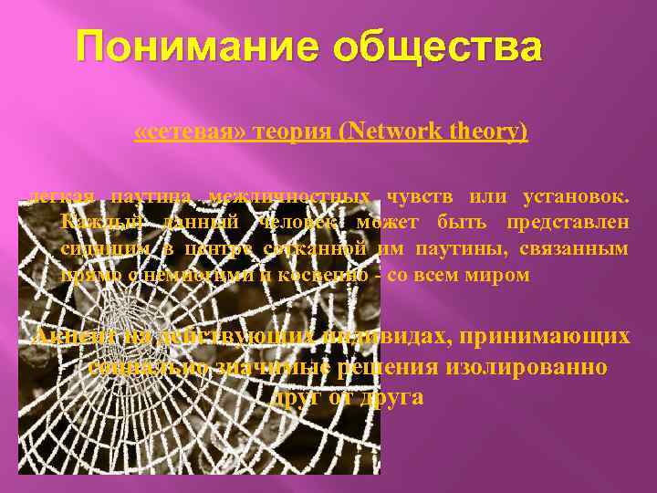 Понимание общества «сетевая» теория (Network theory) легкая паутина межличностных чувств или установок. Каждый данный