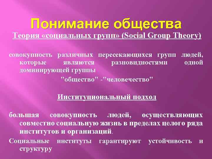 Понимание общества Теория «социальных групп» (Social Group Theory) совокупность различных пересекающихся групп людей, которые