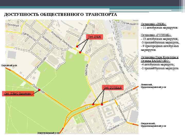 ДОСТУПНОСТЬ ОБЩЕСТВЕННОГО ТРАНСПОРТА Остановка «ДКЖ» : - 11 автобусных маршрутов. Остановка «ГОЗНАК» : -