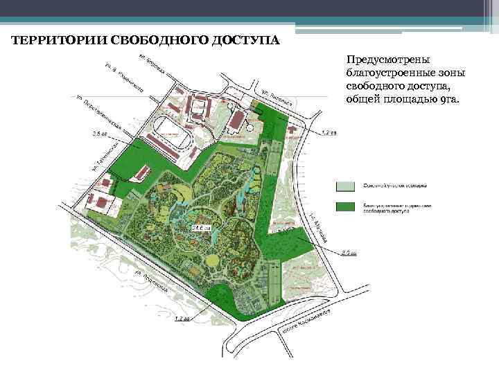 ТЕРРИТОРИИ СВОБОДНОГО ДОСТУПА Предусмотрены благоустроенные зоны свободного доступа, общей площадью 9 га. 