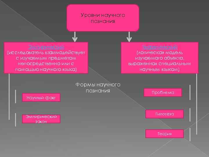 Уровни научного познания Эмпирический (исследователь взаимодействует с изучаемым предметом непосредственно или с помощью научного