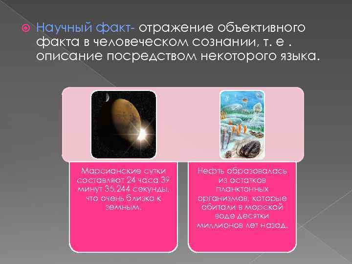  Научный факт- отражение объективного факта в человеческом сознании, т. е. описание посредством некоторого