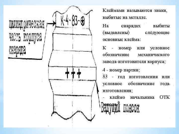 Клеймами называются знаки, выбитые на металле. На снарядах выбиты (выдавлены) следующие основные клейма: К