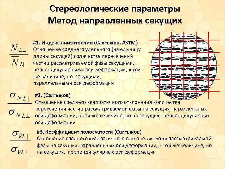 Стереологические параметры Метод направленных секущих #1. Индекс анизотропии (Салтыков, ASTM) Отношение среднего удельного (на