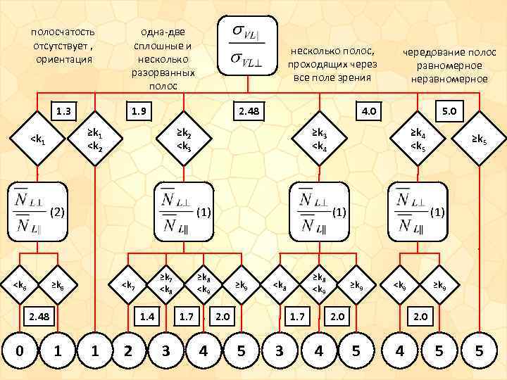 полосчатость отсутствует , ориентация 1. 3 одна-две сплошные и несколько разорванных полос 1. 9