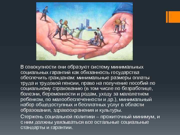 В совокупности они образуют систему минимальных социальных гарантий как обязанность государства обеспечить гражданам: минимальные