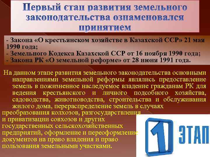 - Закона «О крестьянском хозяйстве в Казахской ССР» 21 мая 1990 года; - Земельного
