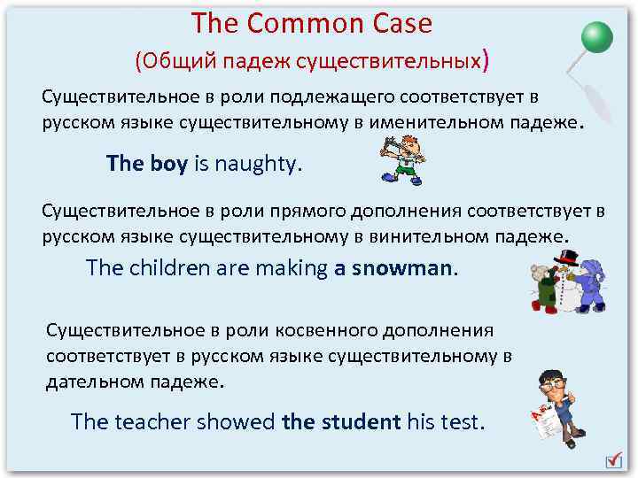 The Common Case (Общий падеж существительных) Существительное в роли подлежащего соответствует в русском языке