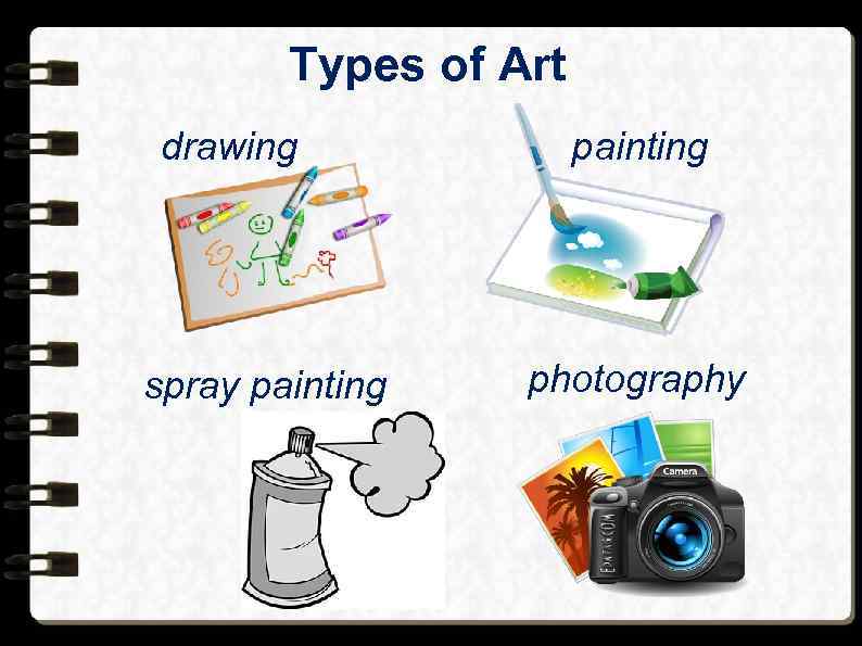 Types of Art drawing spray painting photography 