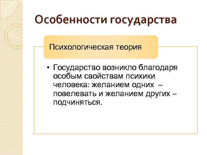 Особенности государства Психологическая теория • Государство возникло благодаря особым свойствам психики человека: желанием одних