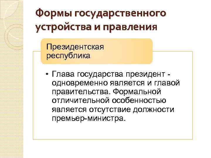 Формы государственного устройства и правления Президентская республика • Глава государства президент одновременно является и