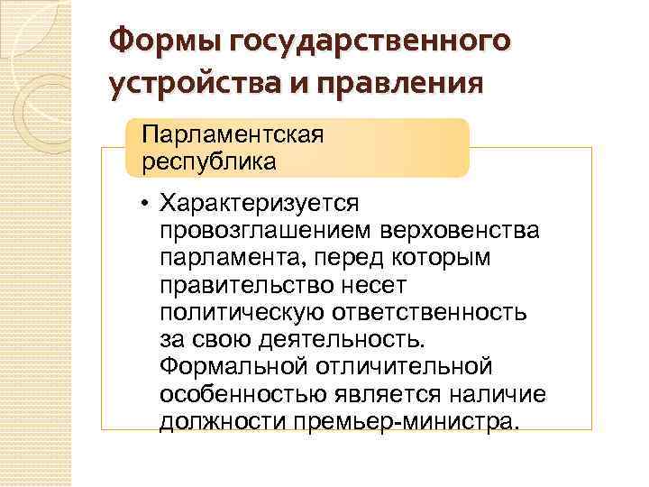 Формы государственного устройства и правления Парламентская республика • Характеризуется провозглашением верховенства парламента, перед которым
