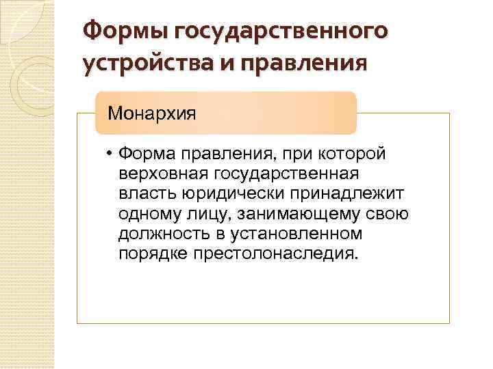 Формы государственного устройства и правления Монархия • Форма правления, при которой верховная государственная власть