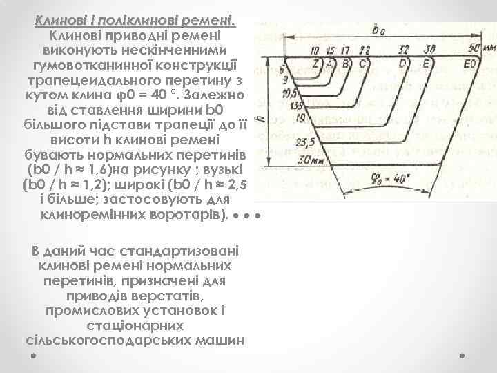 Клинові і поліклинові ремені. Клинові приводні ремені виконують нескінченними гумовотканинної конструкції трапецеидального перетину з