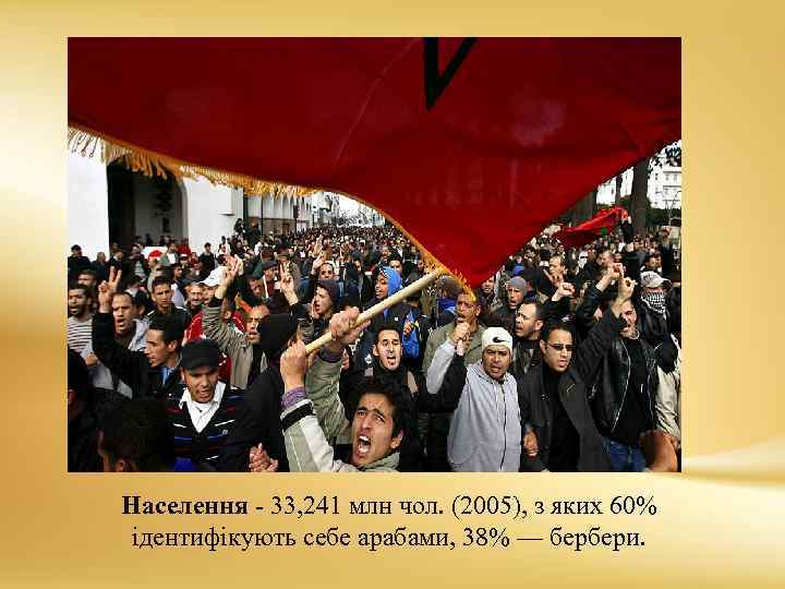 Населення - 33, 241 млн чол. (2005), з яких 60% ідентифікують себе арабами, 38%