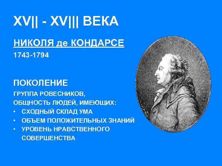 XV|| - XV||| ВЕКА НИКОЛЯ де КОНДАРСЕ 1743 -1794 ПОКОЛЕНИЕ ГРУППА РОВЕСНИКОВ, ОБЩНОСТЬ ЛЮДЕЙ,