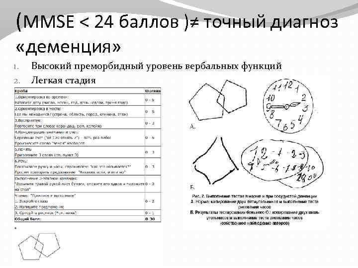 (MMSE < 24 баллов )≠ точный диагноз «деменция» 1. 2. Высокий преморбидный уровень вербальных