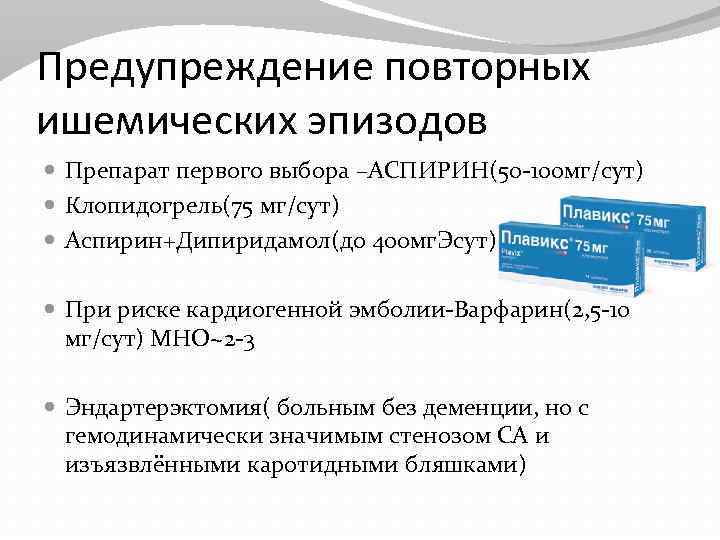 Предупреждение повторных ишемических эпизодов Препарат первого выбора –АСПИРИН(50 -100 мг/сут) Клопидогрель(75 мг/сут) Аспирин+Дипиридамол(до 400