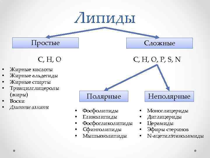 Липиды Простые Сложные C, H, O, P, S, N C, H, O • •