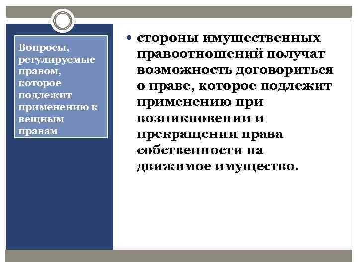 Вопросы, регулируемые правом, которое подлежит применению к вещным правам стороны имущественных правоотношений получат возможность