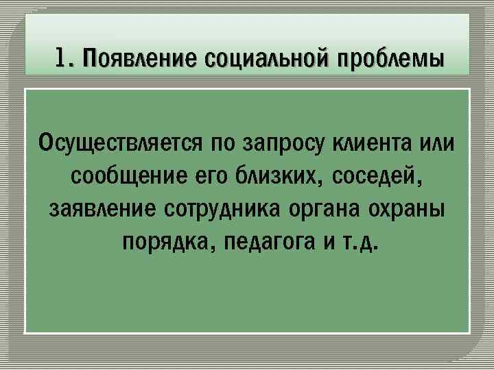 1. Появление социальной проблемы Осуществляется по запросу клиента или сообщение его близких, соседей, заявление