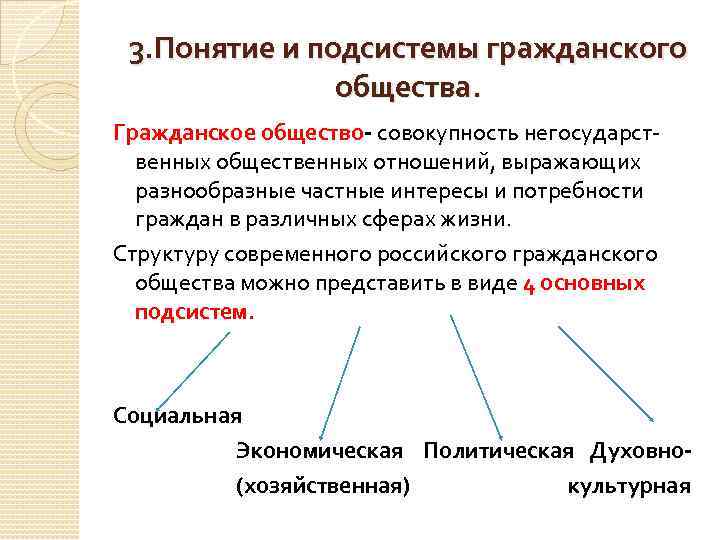 3. Понятие и подсистемы гражданского общества. Гражданское общество- совокупность негосударственных общественных отношений, выражающих разнообразные