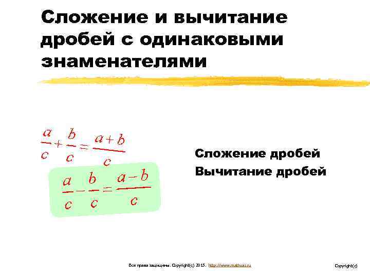 Сложение и вычитание дробей с одинаковыми знаменателями Сложение дробей Вычитание дробей Все права защищены.