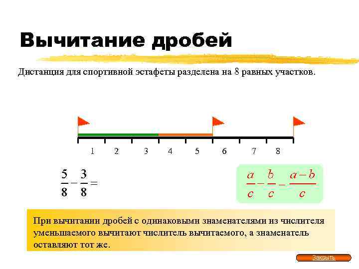 Вычитание дробей Дистанция для спортивной эстафеты разделена на 8 равных участков. Витя и Дима