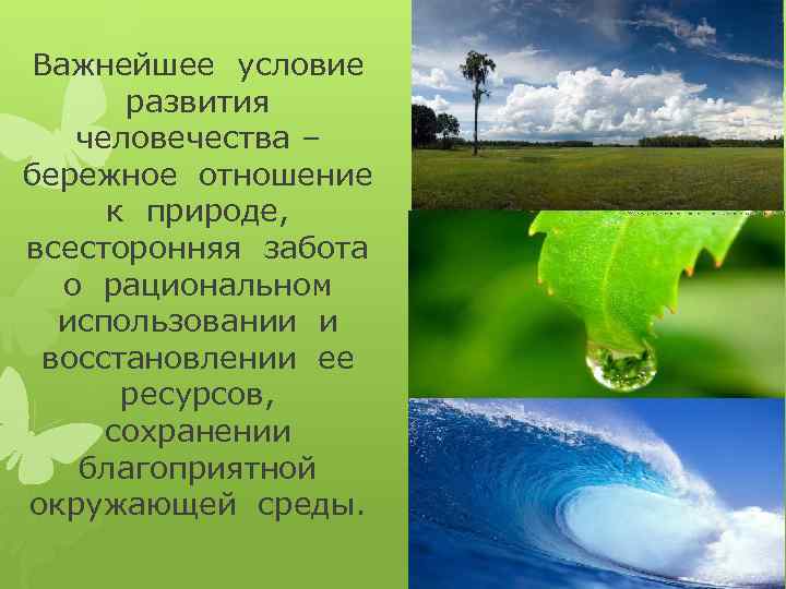 Важнейшее условие развития человечества – бережное отношение к природе, всесторонняя забота о рациональном использовании