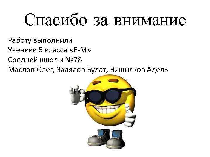 Спасибо за внимание Работу выполнили Ученики 5 класса «Е-М» Средней школы № 78 Маслов