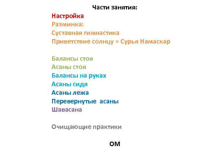 Части занятия: Настройка Разминка: Суставная гимнастика Приветствие солнцу = Сурья Намаскар Балансы стоя Асаны