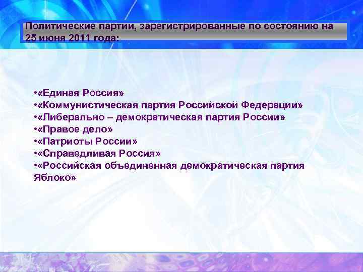 Политические партии, зарегистрированные по состоянию на 25 июня 2011 года: • «Единая Россия» •