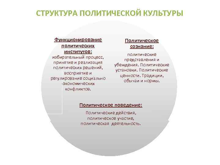 СТРУКТУРА ПОЛИТИЧЕСКОЙ КУЛЬТУРЫ Функционирование политических институтов: избирательный процесс, принятие и реализация политических решений, восприятие