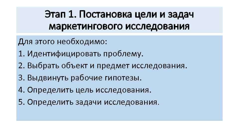 Этап 1. Постановка цели и задач маркетингового исследования Для этого необходимо: 1. Идентифицировать проблему.