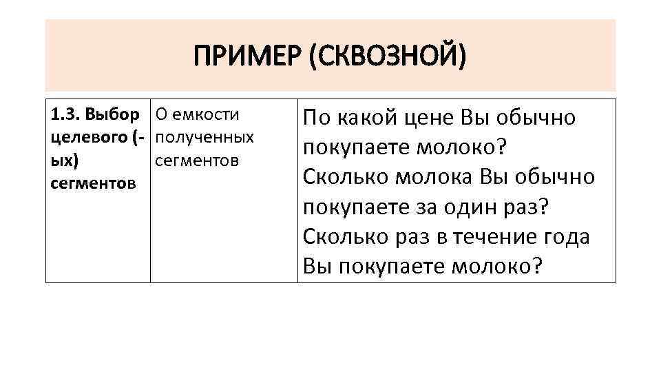 ПРИМЕР (СКВОЗНОЙ) 1. 3. Выбор О емкости целевого (- полученных ых) сегментов По какой