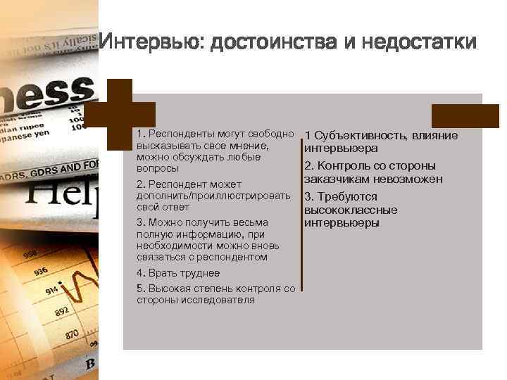 Интервью: достоинства и недостатки 1. Респонденты могут свободно высказывать свое мнение, можно обсуждать любые