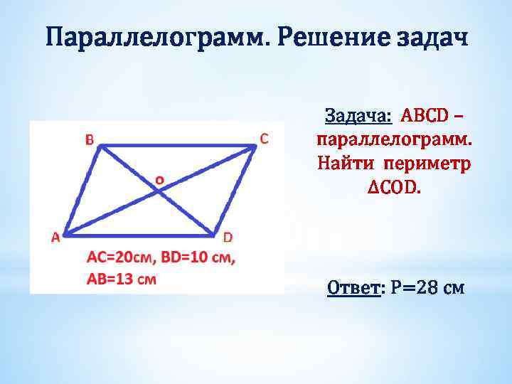 Параллелограмм. Решение задач Задача: ABCD – параллелограмм. Найти периметр ΔCOD. Ответ: Р=28 см 