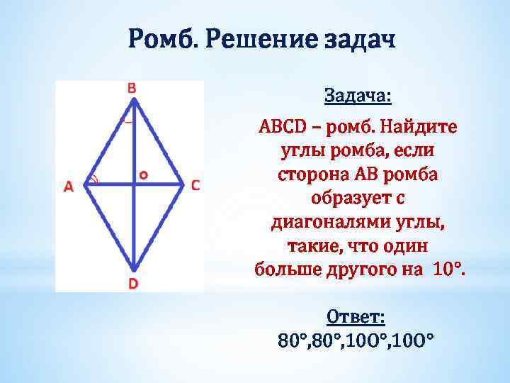 Ромб. Решение задач Задача: ABCD – ромб. Найдите углы ромба, если сторона АВ ромба