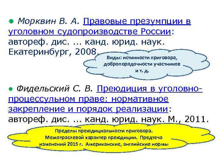 ● Морквин В. А. Правовые презумпции в уголовном судопроизводстве России: автореф. дис. . канд.