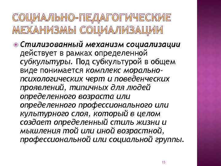 Стилизованный механизм социализации действует в рамках определенной субкультуры. Под субкультурой в общем виде