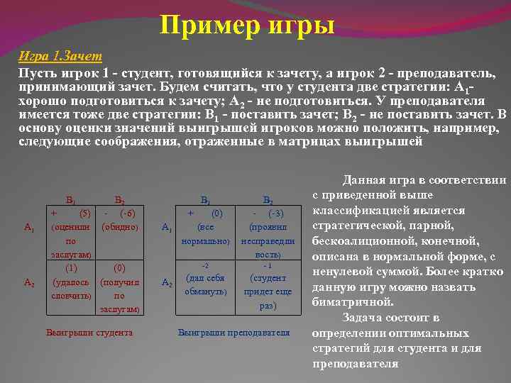 Пример игры Игра 1. Зачет Пусть игрок 1 - студент, готовящийся к зачету, а